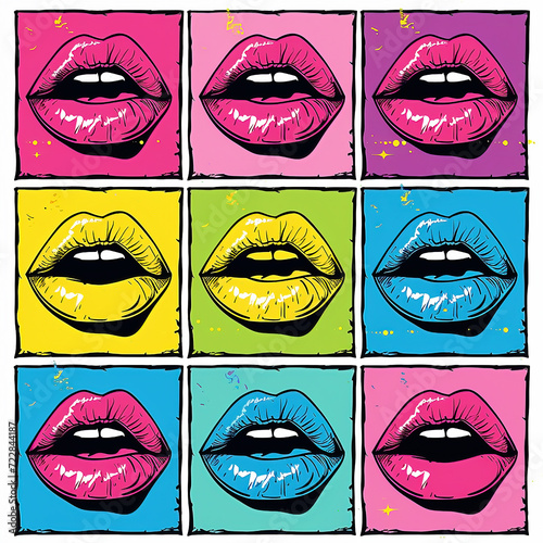Pop art cartoon surreal illustration of a multiple mouths and lips in red, blue, green and yellow.