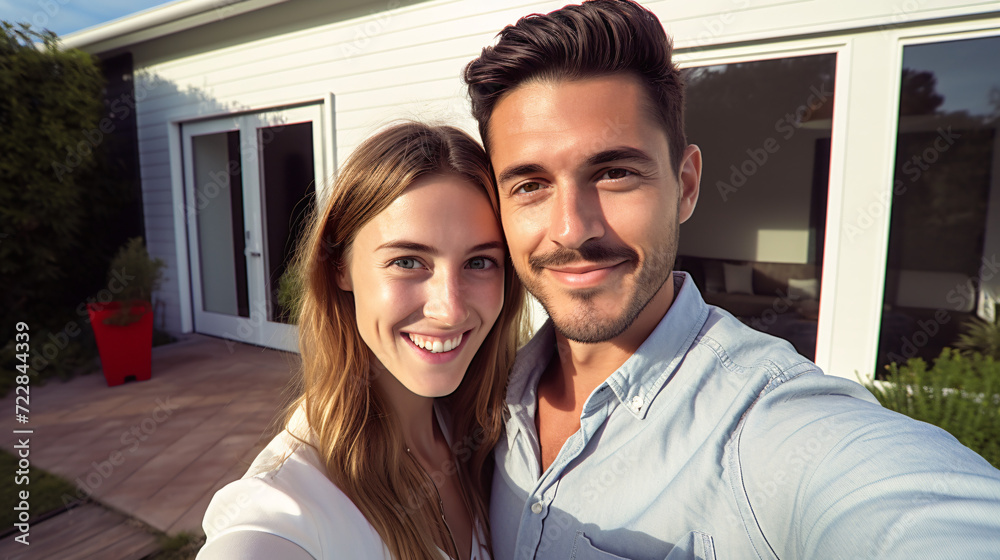 Portrait of happy young couple taking selfie in front of new house Portrait of happy young couple taking selfie in front of new house