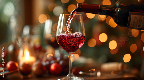 Red wine being poured into a glass with a blurred background of a dinner setting.