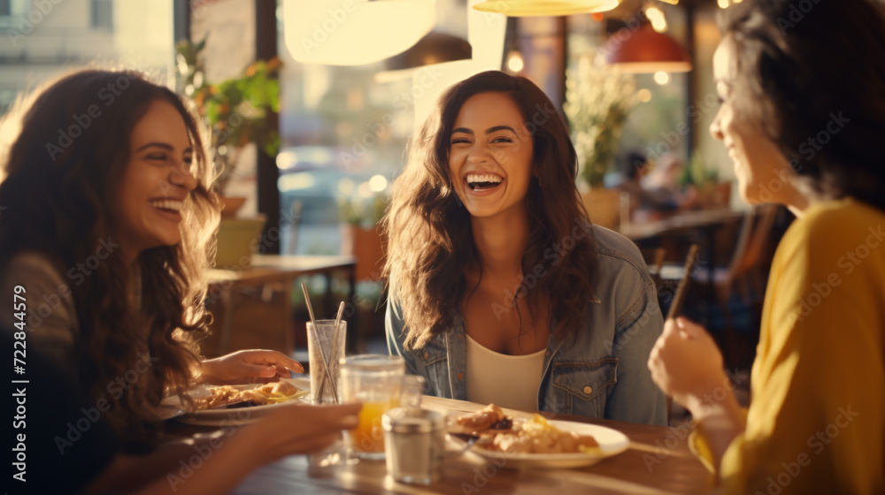 Group of young women having lunch in a cafe, laughing and talking