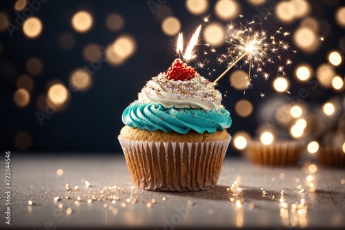  Delicious birthday cupcake on table on light background