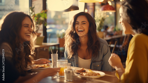 Group of young women having lunch in a cafe  laughing and talking