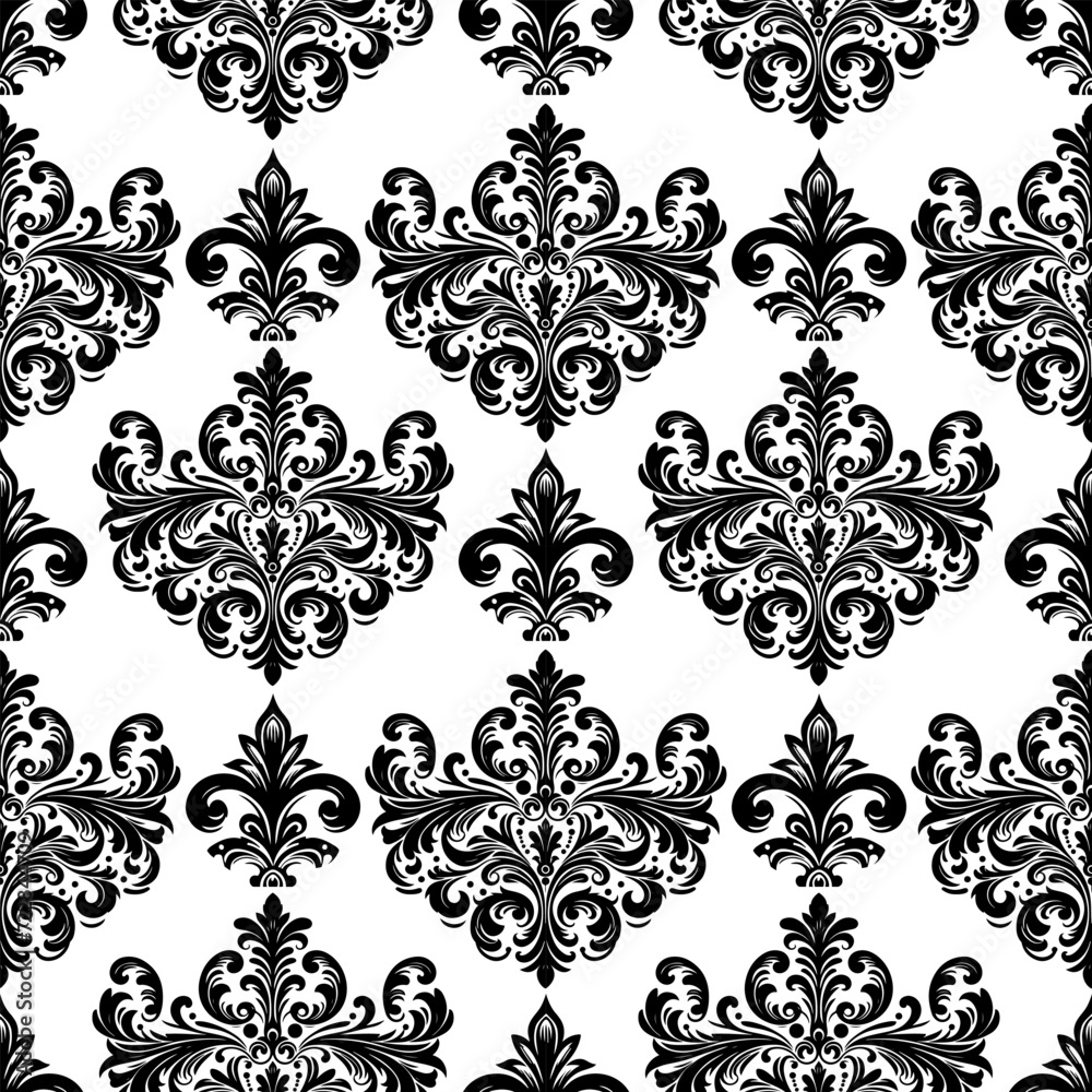 Damask Fabric textile seamless pattern Luxury decorative  Ornamental floral divider Black line vintage decoration element white Background