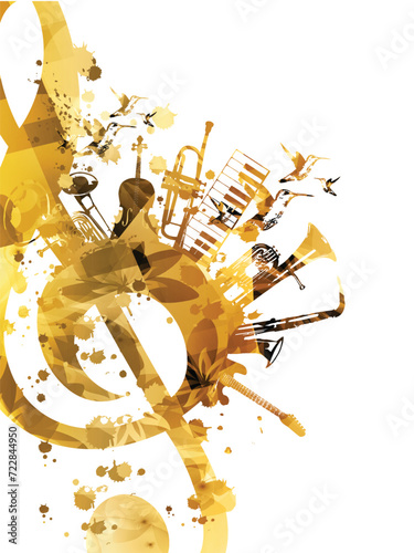 Golden musical promotional poster with musical instruments and notes isolated vector illustration. Artistic abstract design with vinyl disc for concert events, music festivals and shows, party flyer photo