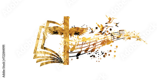 Golden christian cross with music notes isolated vector illustration. Religion themed background. Design for gospel church music, choir singing, concert, festival, Christianity, prayer