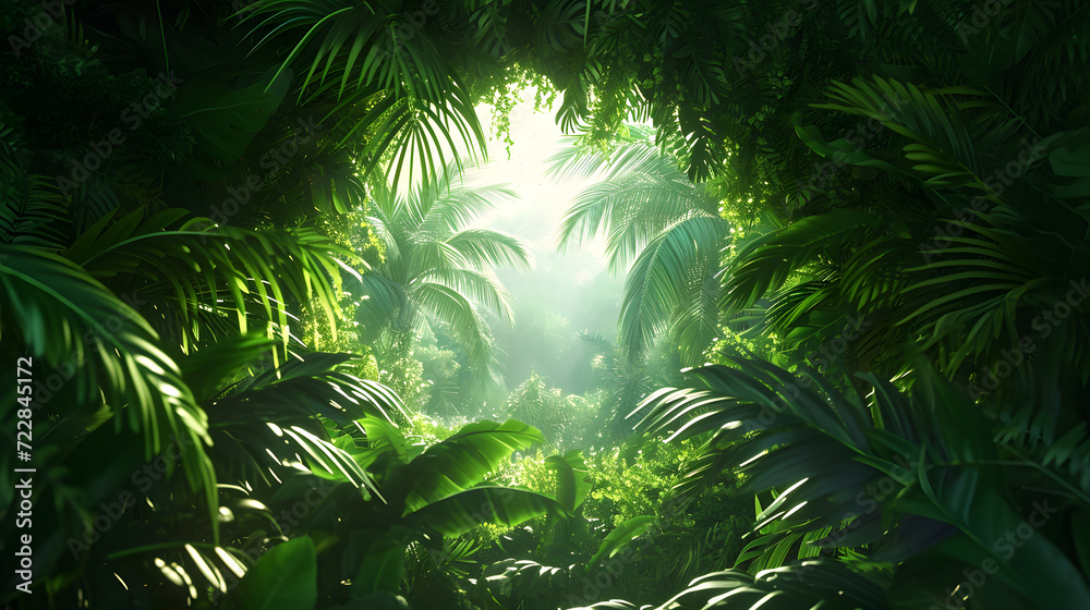 Tropical forest with sun rays through leaves