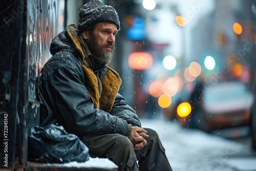 Homeless beggar sitting on sidewalk in the city. Poor, unemployed, homeless man on winter street. Poverty, misery, bankruptcy, financial hardship, problems, crisis, divorce, travel, Generative AI