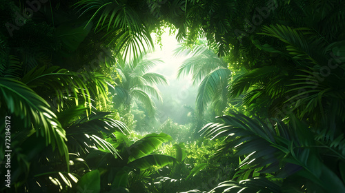 Tropical forest with sun rays through leaves © Andsx