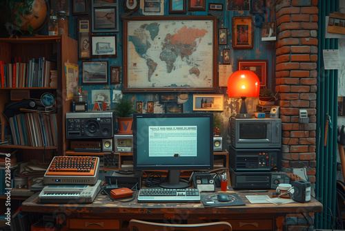 Cozy vintage home office with typewriter, computer, books, and world map on the wall.
