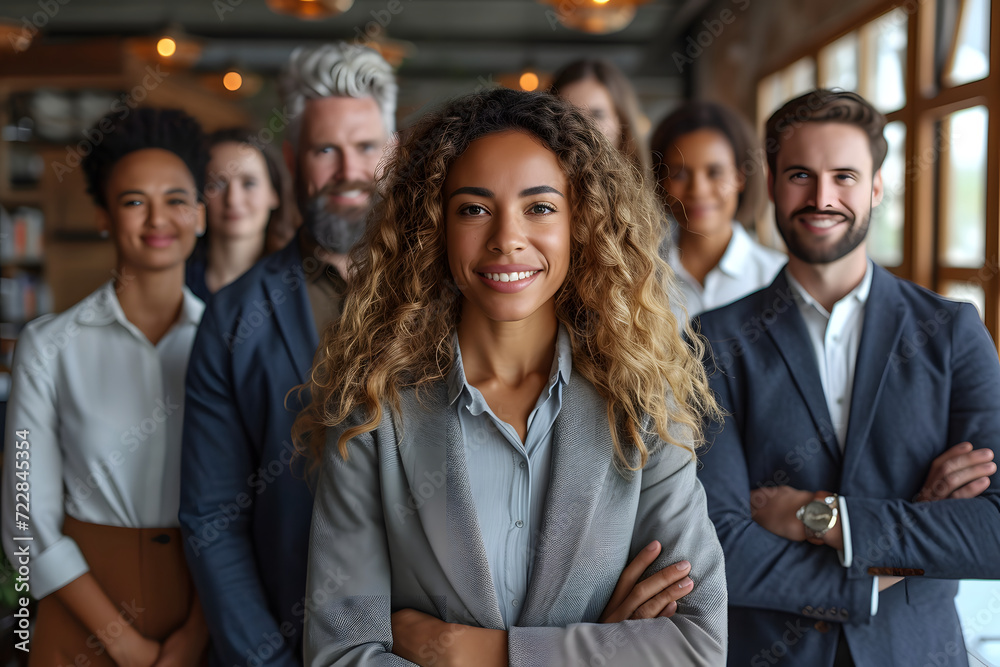 Diverse business team smiling confidently, professional attire, office setting.