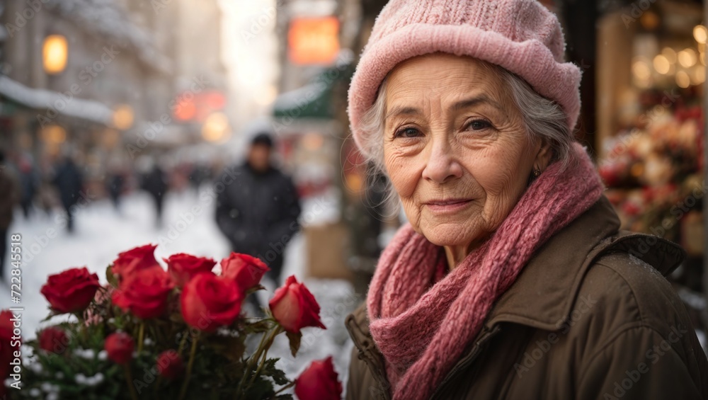 Elderly lady sells flowers on the street during Valentine's Day. Elderly lady sells flowers on the street during Valentine's Day.