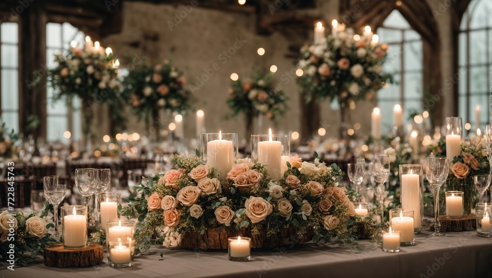 rustic wedding decorations with flowers and candles,banquet decor, picture with soft focus 