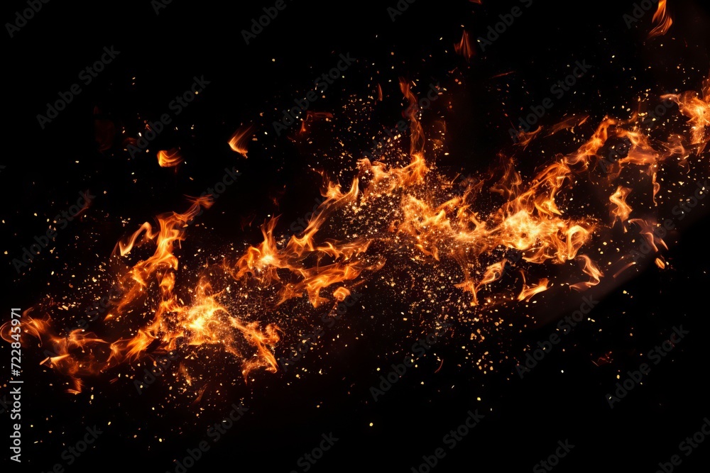 Sparks and embers flying up in the dark sky, creating a dazzling light effect on a black background