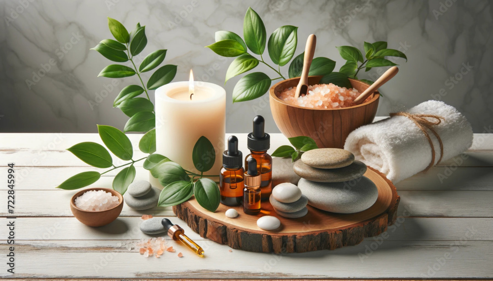Natural Spa with Essential Oils Himalayan Salt  and Lit Candles ,A serene spa composition with essential oil droppers, lit candles, bath salt, and fresh greenery on a rustic wooden surface.

