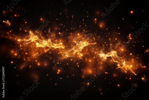 Sparks and embers flying up in the dark sky, creating a dazzling light effect on a black background photo