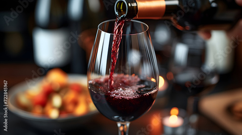 Red wine being poured into a glass with a blurred background of a festive dinner setting.