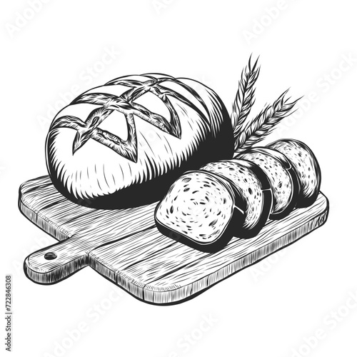 Sliced loaf of bread on chopping wooden board engraving illustration. Hand drawn ink sketch. Fresh bakery product. Vector illustration isolated on background for bakery menu, cafe, window design.