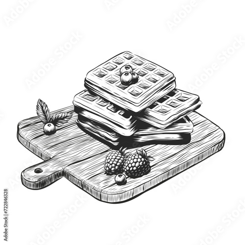 Hand drawn waffles with berries on chopping board in vintage engraved style. Breakfast Belgian wafers with blueberries, raspberries mint. Dessert, sweets, menu design, restaurant, windows design, shop