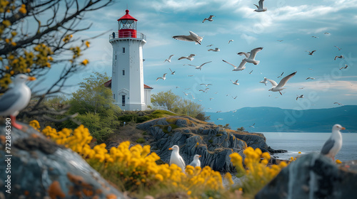 A coastal lighthouse, with seagulls and budding trees as the background, during the arrival of migratory birds in spring photo