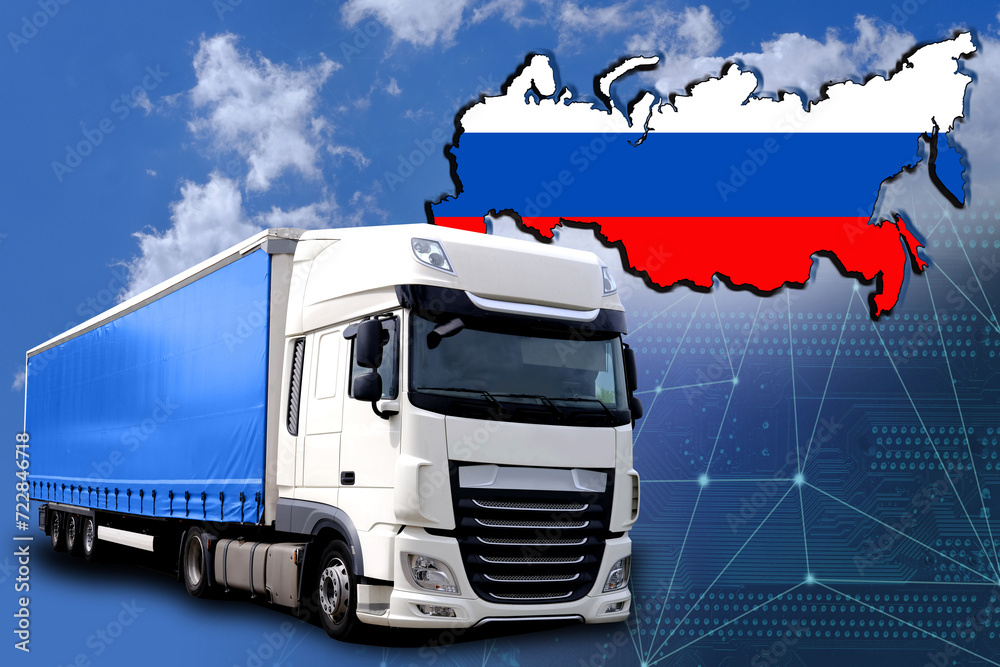 Naklejka premium national flag of russia, cargo van, blue sky with clouds, international trucking, cargo transportation concept, combined transport around world, logistics services for business, fast delivery of goods