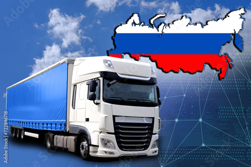 national flag of russia, cargo van, blue sky with clouds, international trucking, cargo transportation concept, combined transport around world, logistics services for business, fast delivery of goods