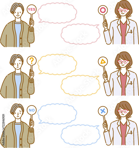白衣とメガネを着用した女医と更年期女性の会話セット（質問・回答）