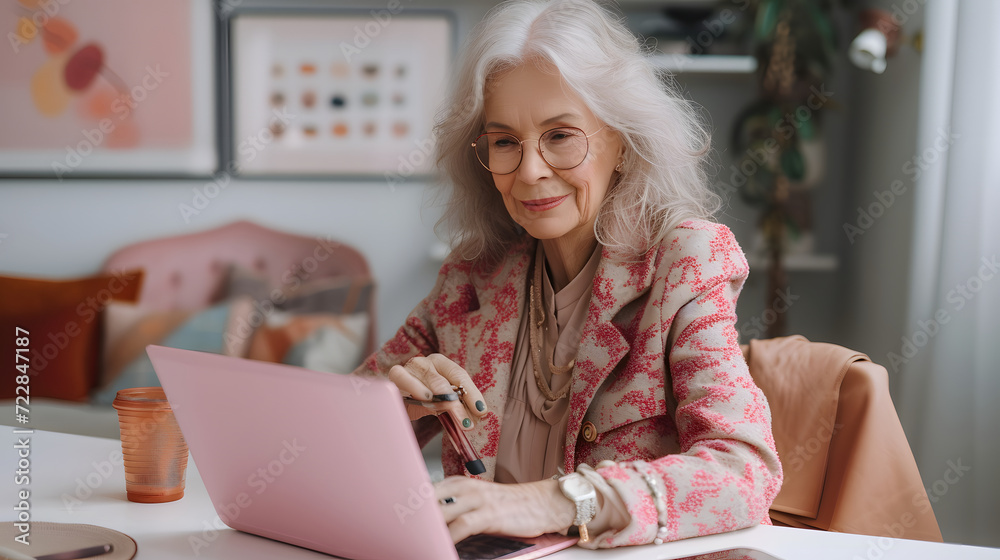 Elegant senior woman with glasses using a laptop at a modern home interior. Elegant senior woman with glasses using a laptop at a modern home interior.