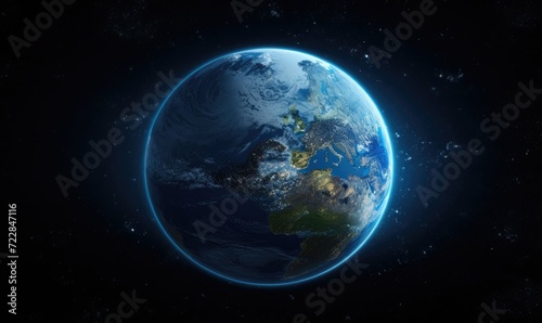 an earth planet that is situated in the dark viewed from space universe with blue light ring around it.