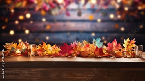Maple autumn leaves on the wooden table with light bokeh background. Autumn seasonal background concept.