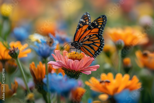 Colorful Monarch Butterfly on a Pink Zinnia Flower in a Field of Flowers