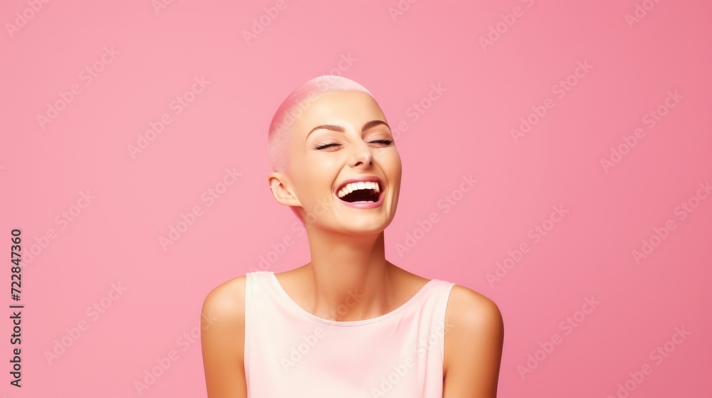 Happy smile beautiful girl with shaved bald head isolated on pink background. World cancer day campaign background concept Happy smile beautiful girl with shaved bald head isolated on pink background. World cancer day campaign background concept