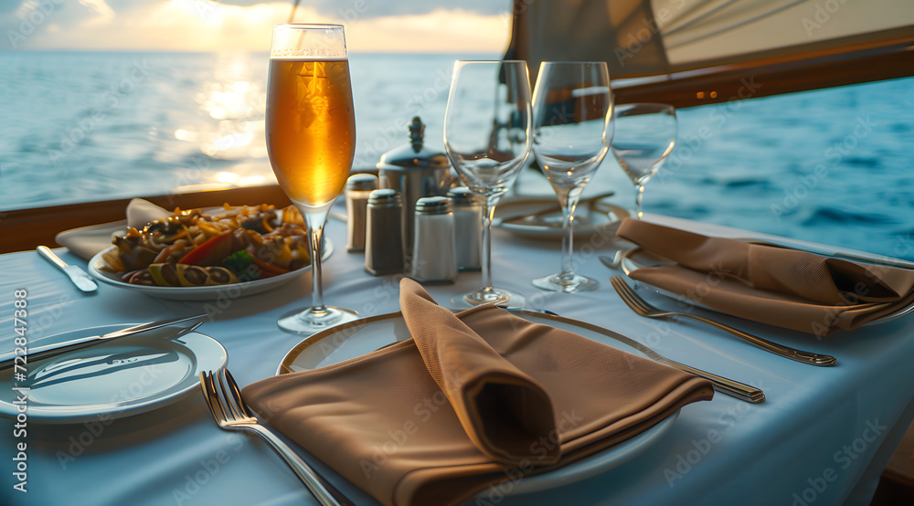 Elegant dinner setup on a yacht with a glass of wine and ocean sunset in the background.