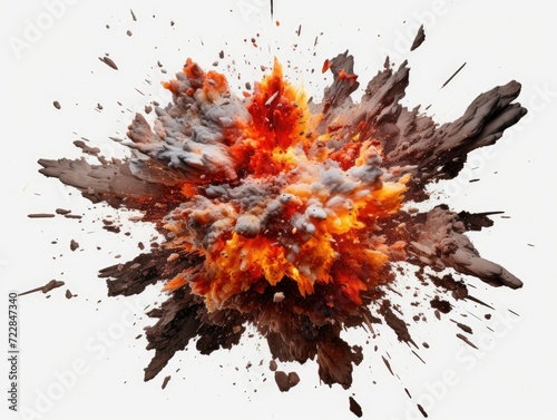 Big explosion effect with grey smoke isolated on white background.