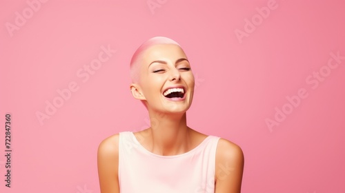Happy smile beautiful girl with shaved bald head isolated on pink background. World cancer day campaign background concept	