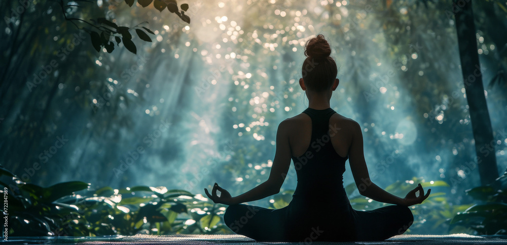 Woman Meditating in Tranquil Forest with Sunbeams and Waterfall
