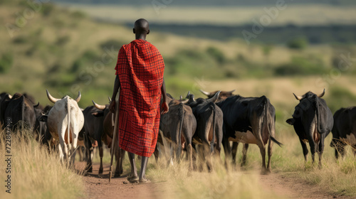 Young Masai herders herd and protect their cattle in savannah with giraffes background © STORYTELLER AI