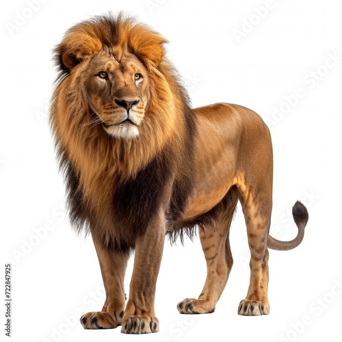 Lion standing side view isolated on white background, photo realistic.