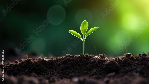 Young green plant grow in the land with sun light bokeh background. Fresh nature background concept. 