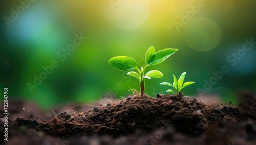 Young green plant grow in the land with sun light bokeh background. Fresh nature background concept. 