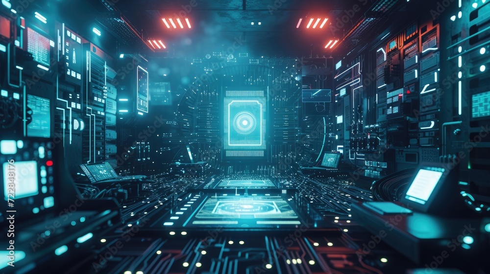 Fototapeta premium High Tech Lab, Surrounded by various electronic devices and monitors displaying complex data. technological innovation background