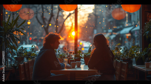 Couple enjoying a romantic dinner at a cozy restaurant with warm sunset light in the background.