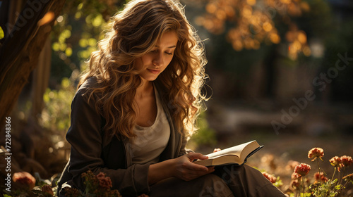 Blonde young woman reading book in serene nature environment