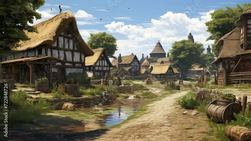 Experience the tranquil allure of a village adorned with cobblestone streets and enchanting thatched-roof houses. Charming, historic, serene, rustic. Generated by AI.