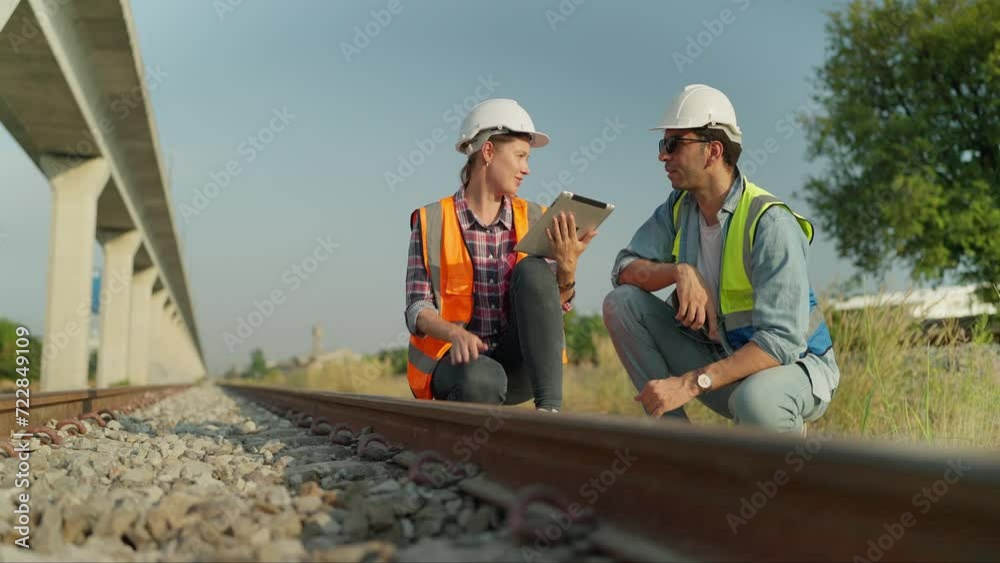 Two engineers in safety uniform and helmet using tablet discussion and inspection construction process railway while walking. Two engineer working on railway together. Teamwork concept Two engineers in safety uniform and helmet using tablet discussion and inspection construction process railway while walking. Two engineer working on railway together. Teamwork concept