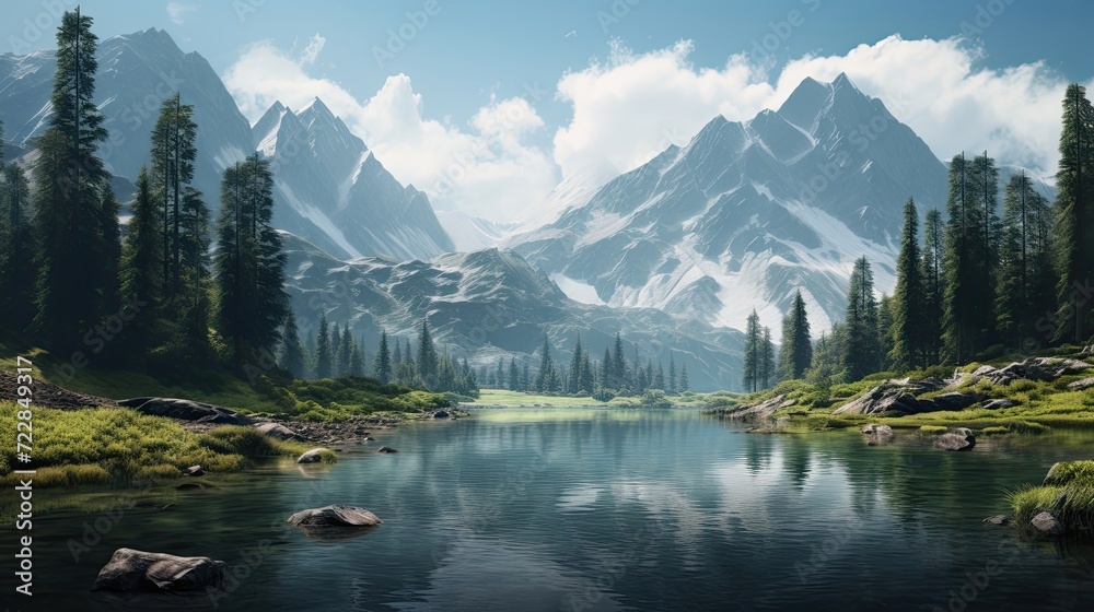 Naklejka premium Lakeside retreat with a dedicated dock for fishing and boating, offering a serene escape amidst the beauty of nature. Lakeside peace, fishing dock, boating oasis. Generated by AI.