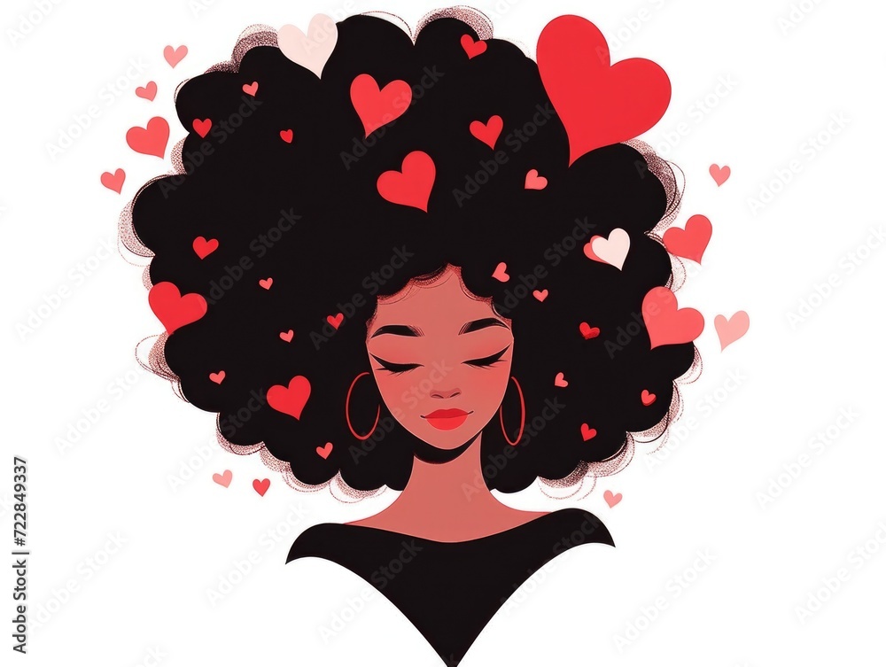 Black curly short hair woman, surrounded by hearts in valentine day on white background - obrazy, fototapety, plakaty 