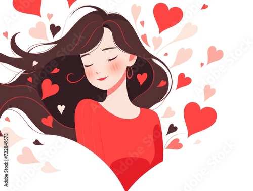 Brown hair smiling woman in love, surrounded by hearts in valentine day on white background