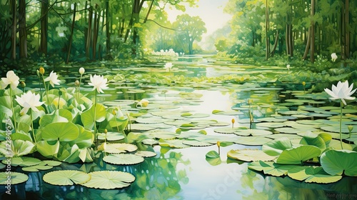 Reeds and lily pads  where frogs add to the serene atmosphere  creating a peaceful escape in nature. Tranquil pond  reeds  lily pads  frogs  serene atmosphere. Generated by AI.