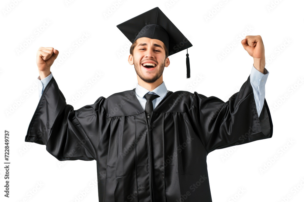 Graduate smiling with raised fists, cut out - stock png. Graduate smiling with raised fists, cut out - stock png.