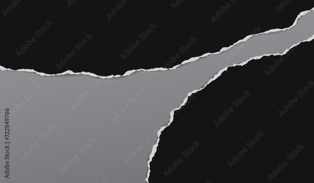 Torn, ripped black paper strips with soft shadow are on dark grey background for text. Torn, ripped black paper strips with soft shadow are on dark grey background for text.